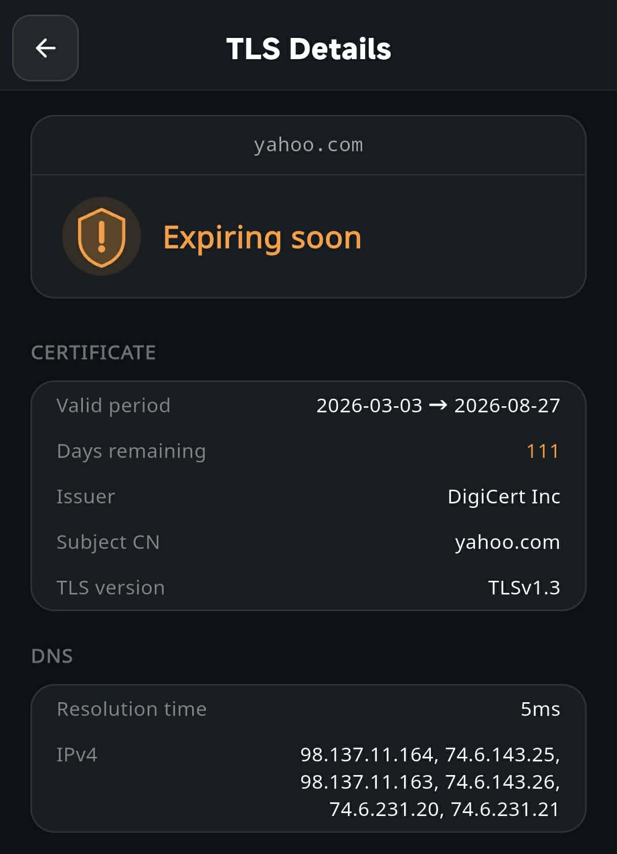 TLS certificate expiry warning